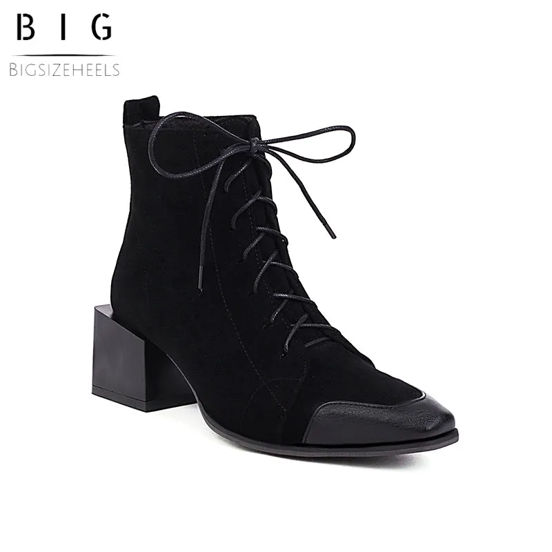 Bigsizeheels Punk square toe vintage Martin boots - Black