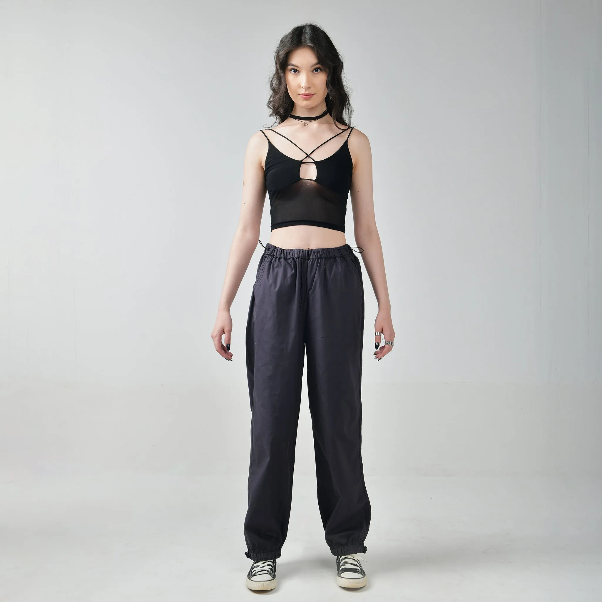 Black Mesh Top & Gunmetal Parachute Pants