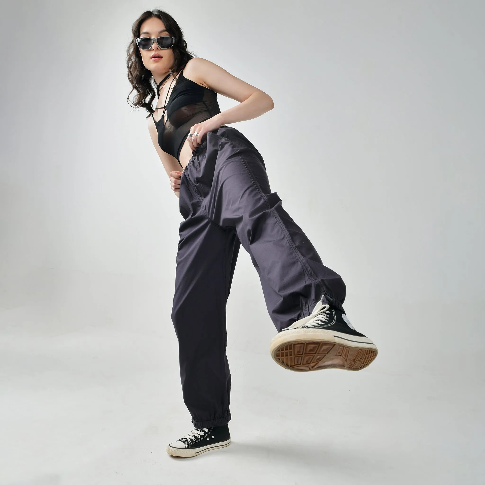 Black Mesh Top & Gunmetal Parachute Pants