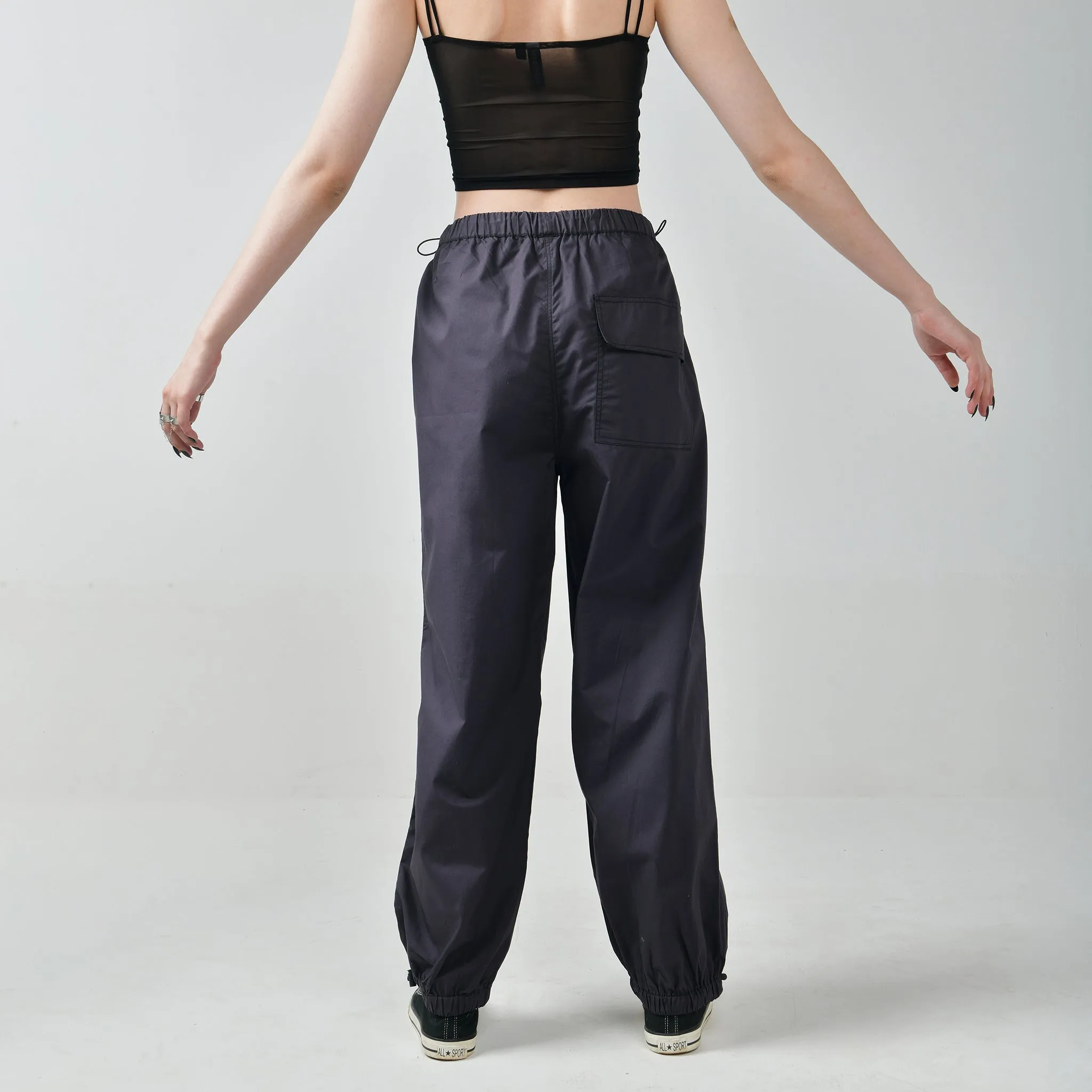 Black Mesh Top & Gunmetal Parachute Pants