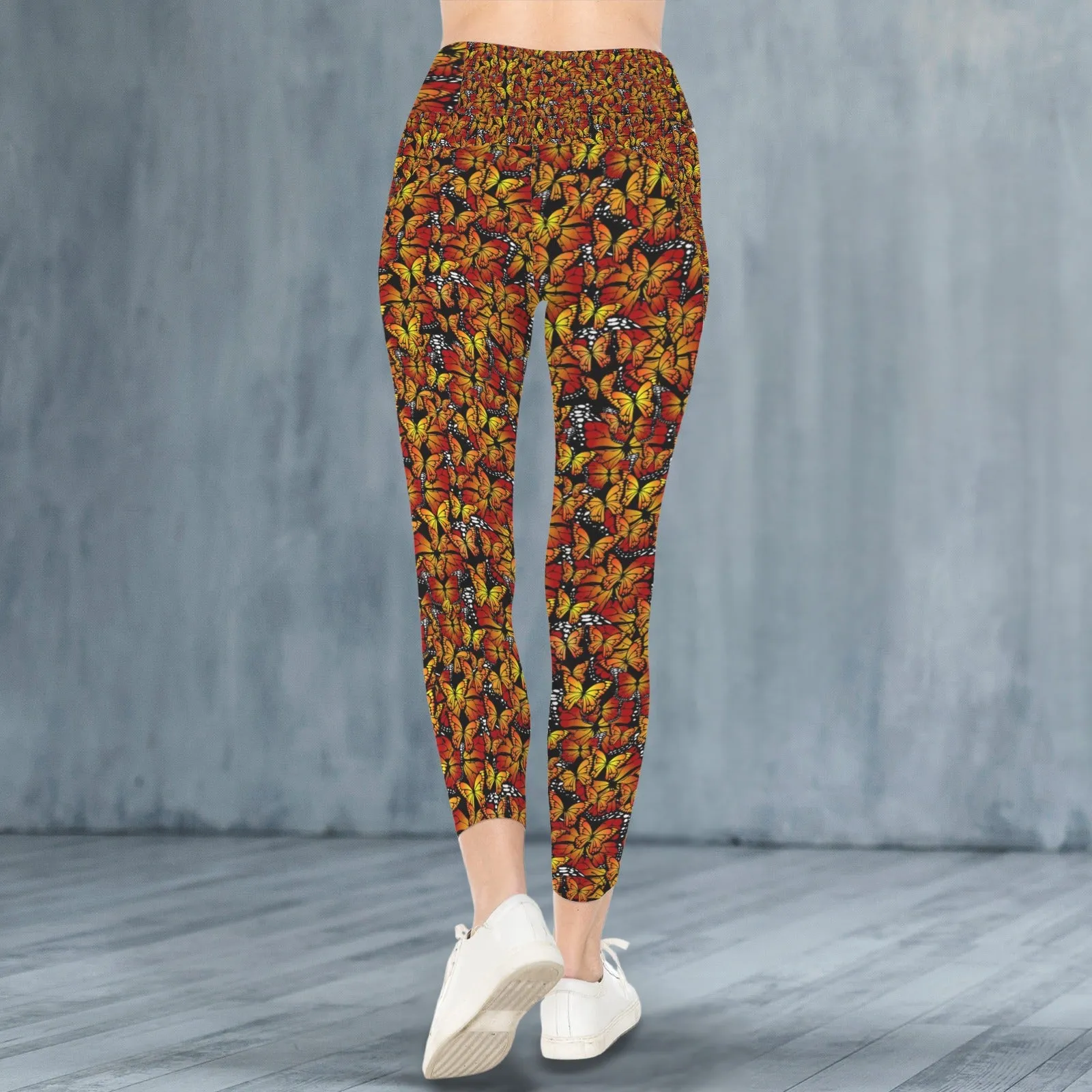 Butterflies Orange Leggings with Pockets up to 5 XL (FWS)