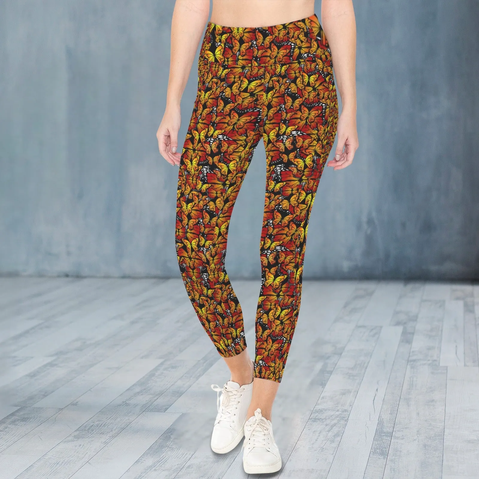 Butterflies Orange Leggings with Pockets up to 5 XL (FWS)