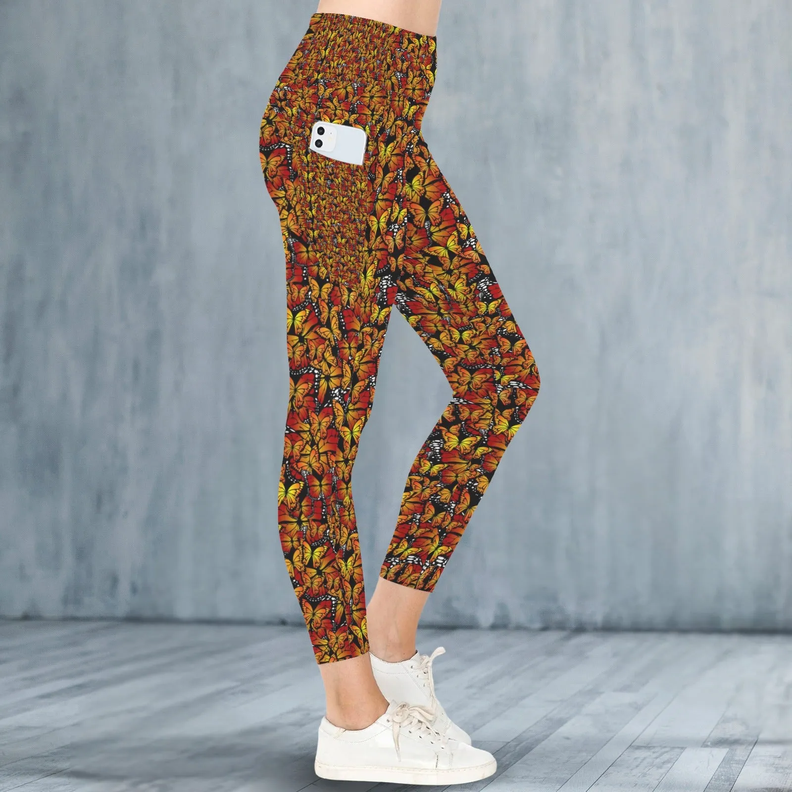 Butterflies Orange Leggings with Pockets up to 5 XL (FWS)