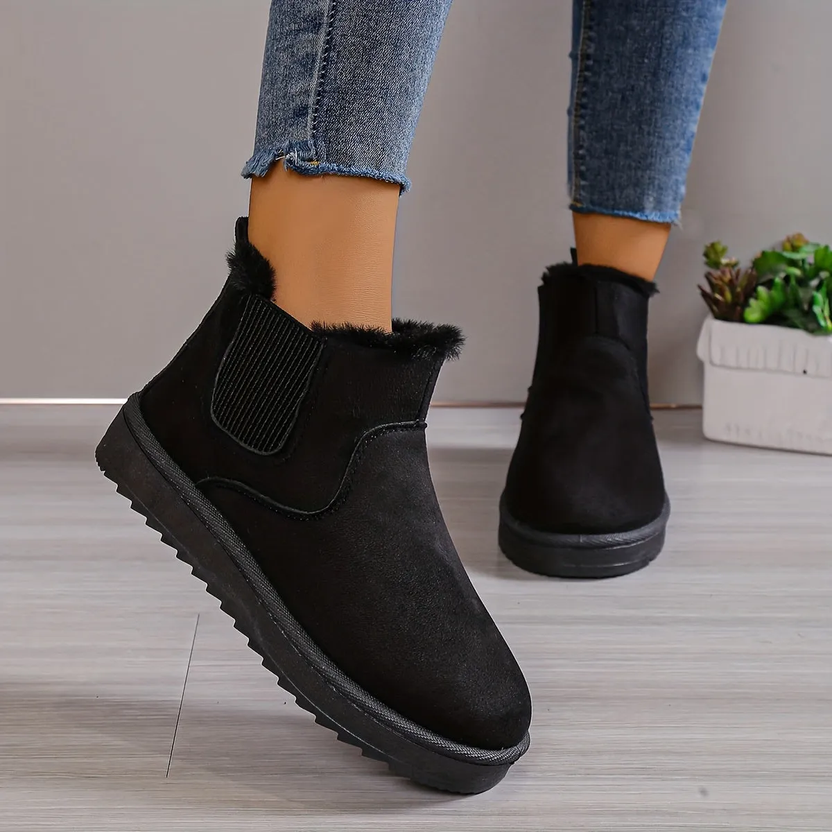 elveswallet Plus Fleece Snow Slip On Flat Ankle Boots