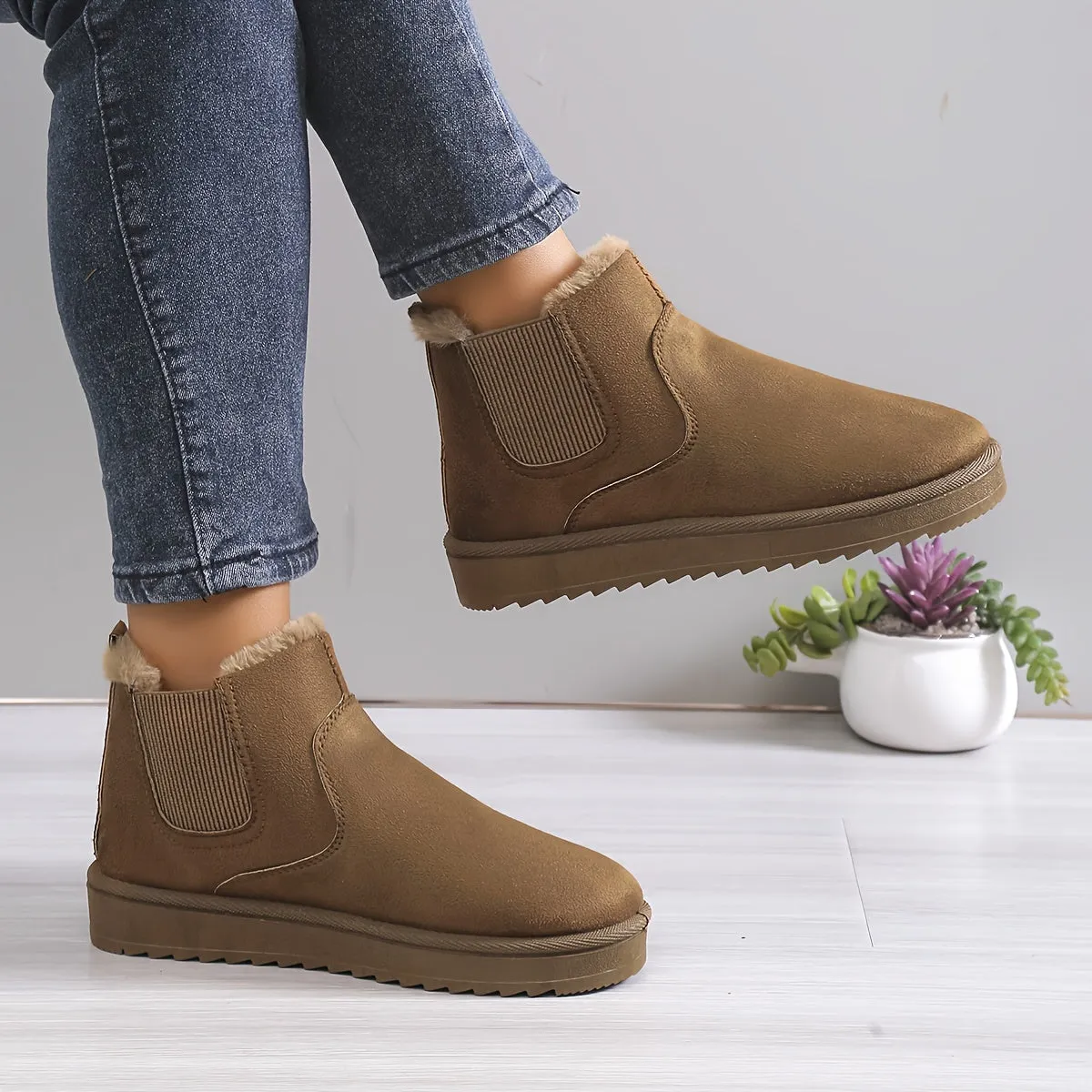 elveswallet Plus Fleece Snow Slip On Flat Ankle Boots