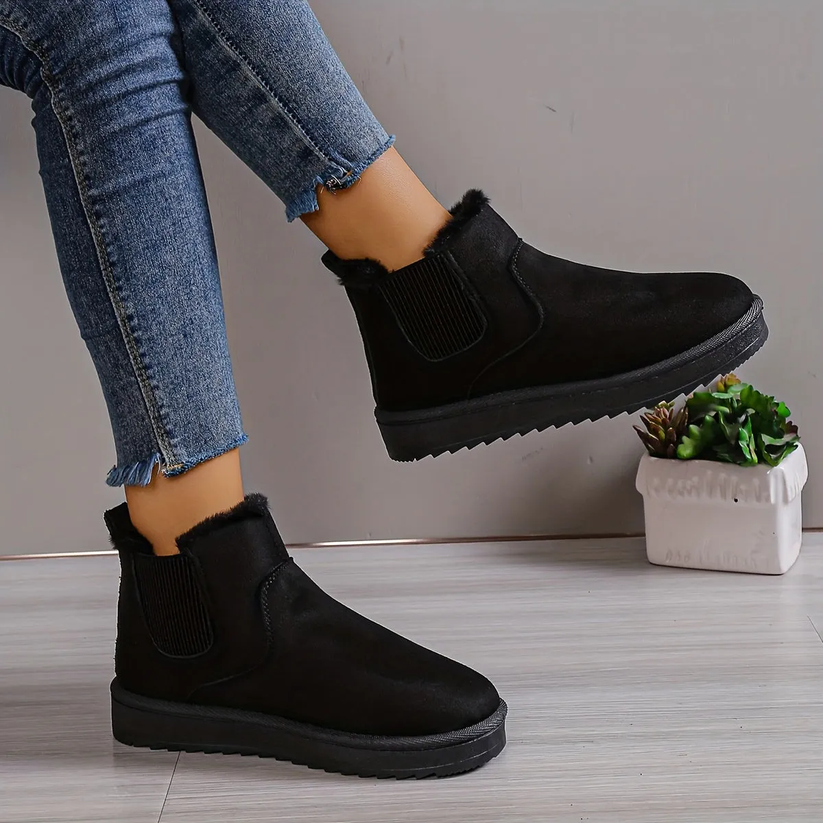 elveswallet Plus Fleece Snow Slip On Flat Ankle Boots