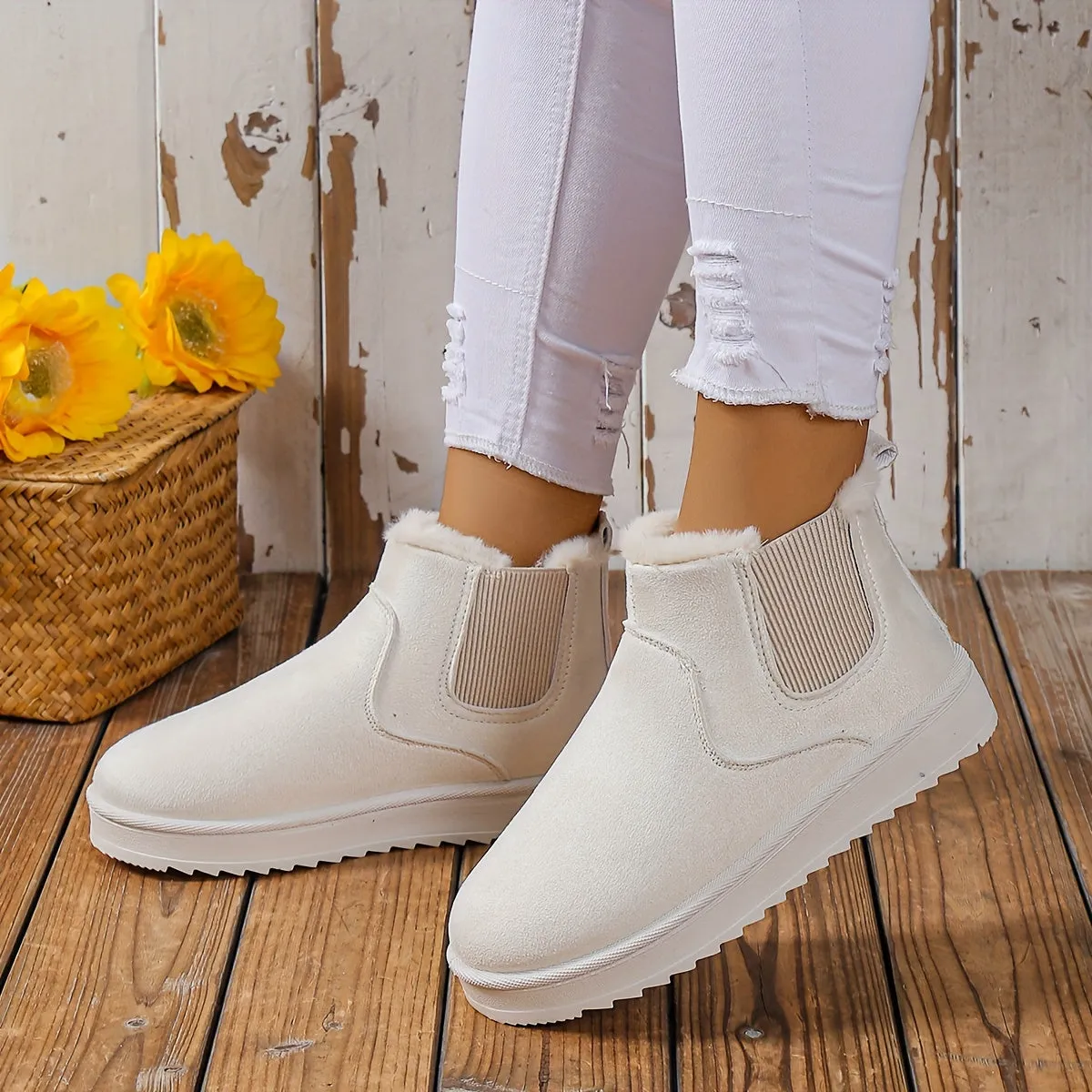elveswallet Plus Fleece Snow Slip On Flat Ankle Boots