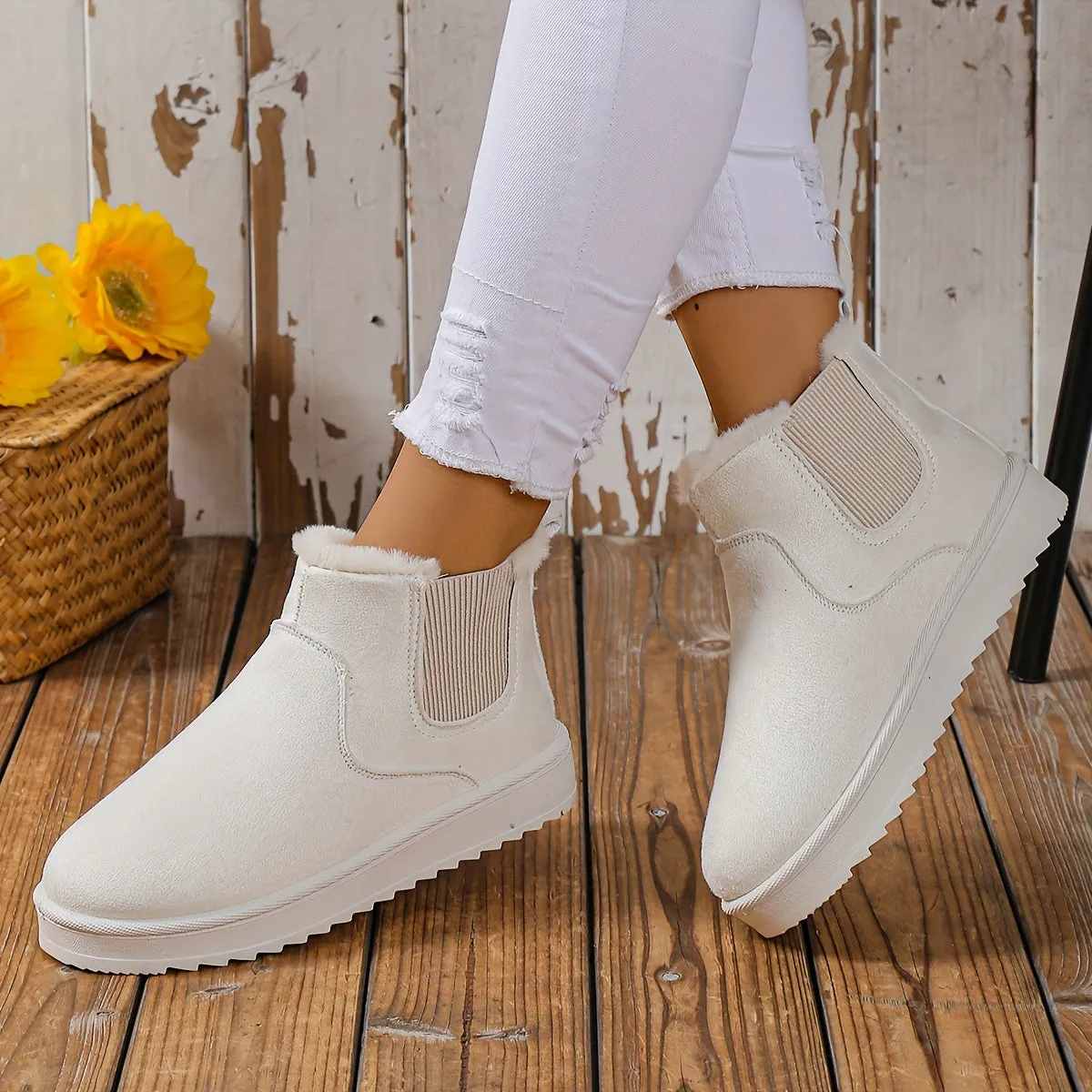 elveswallet Plus Fleece Snow Slip On Flat Ankle Boots