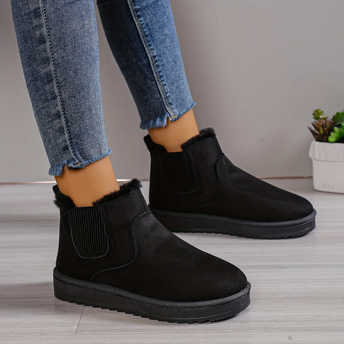 elveswallet Plus Fleece Snow Slip On Flat Ankle Boots