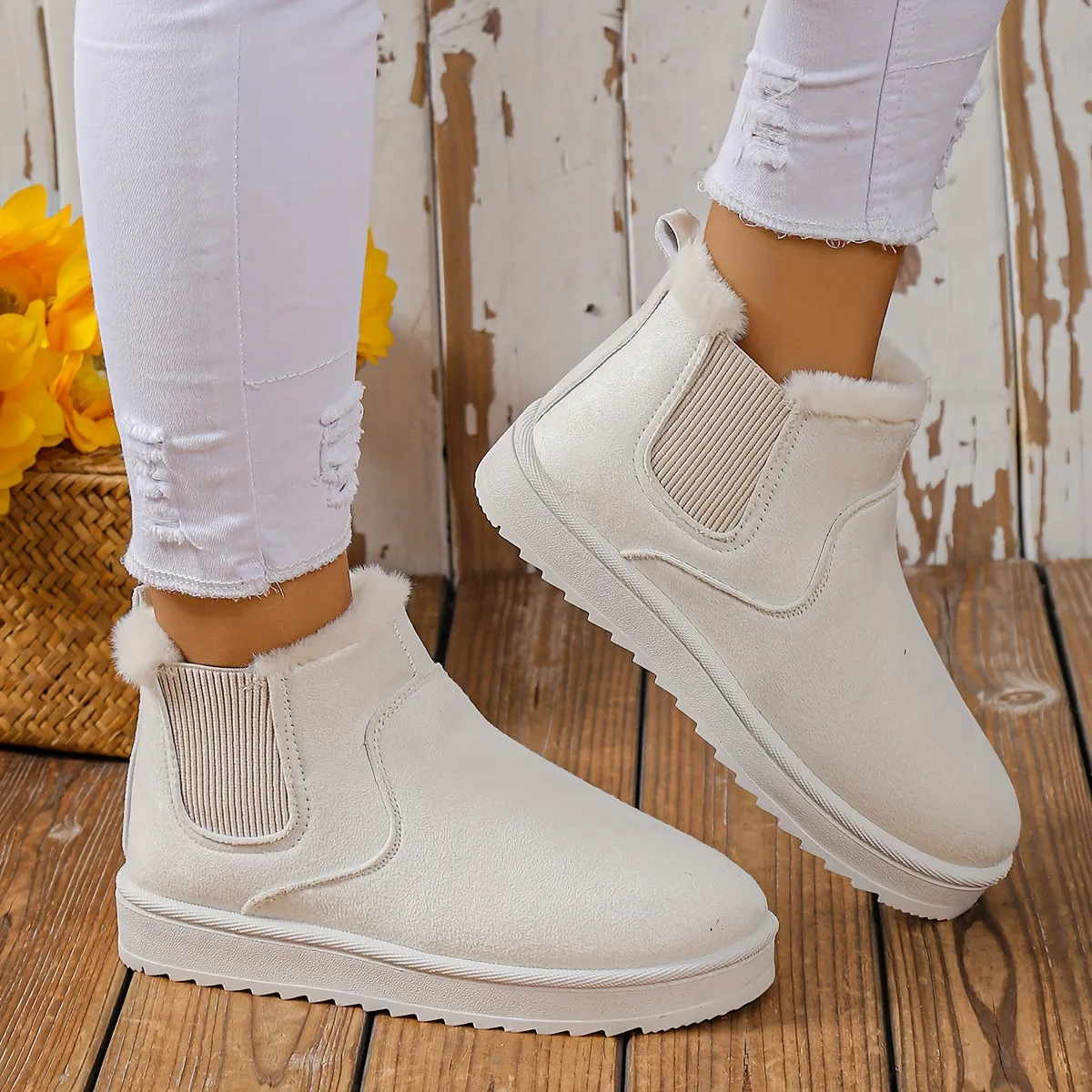 elveswallet Plus Fleece Snow Slip On Flat Ankle Boots