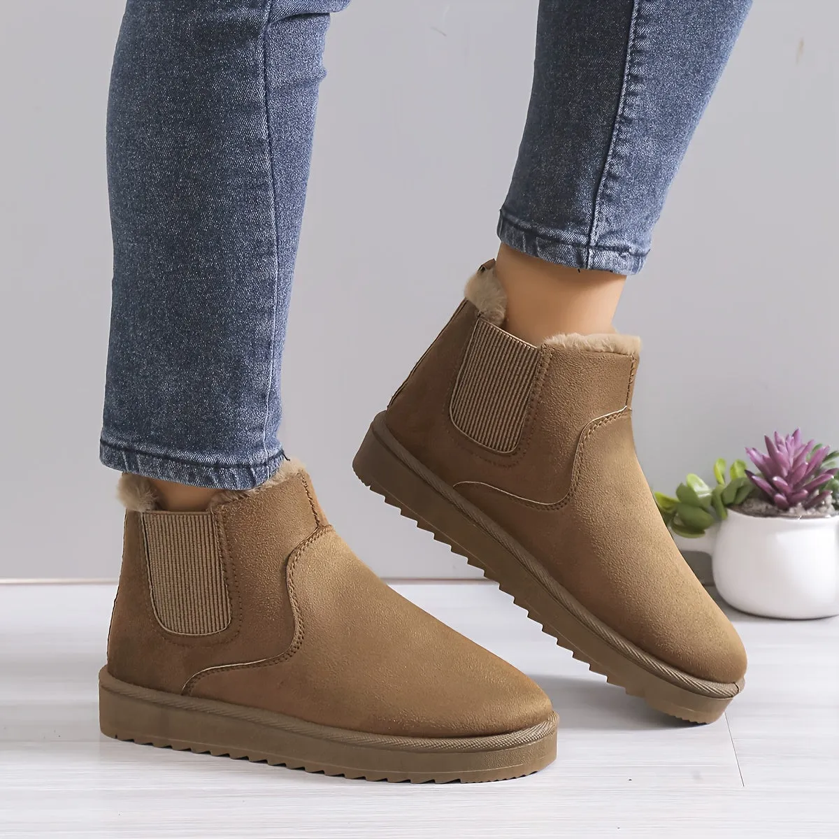 elveswallet Plus Fleece Snow Slip On Flat Ankle Boots