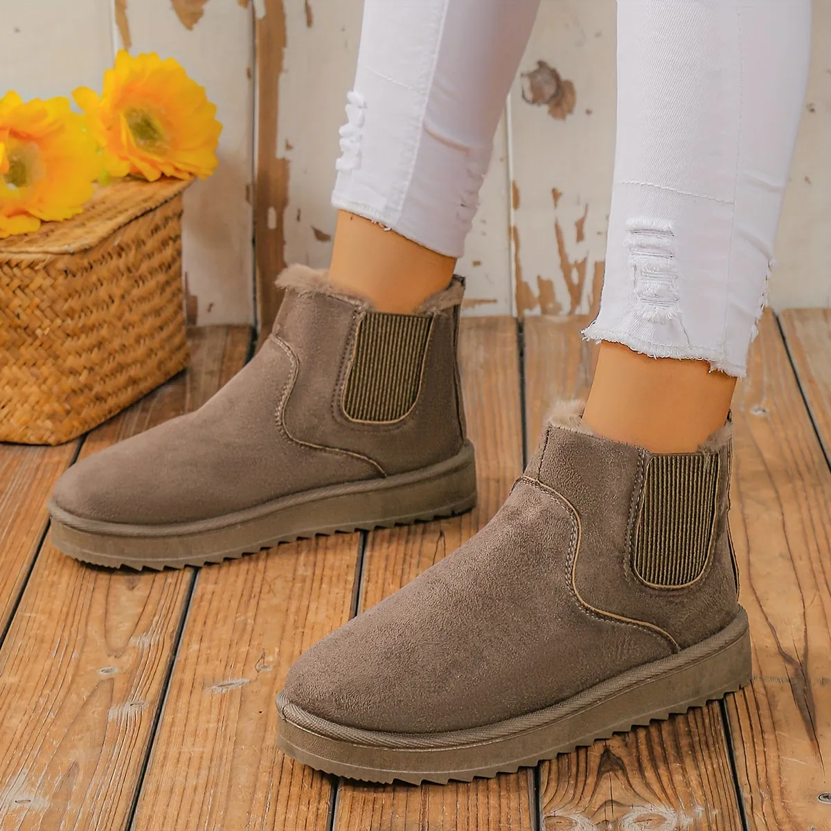 elveswallet Plus Fleece Snow Slip On Flat Ankle Boots