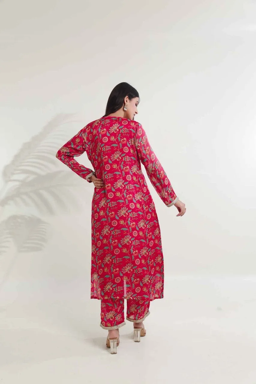 Magenta pink floral digital print viscose chinon kurta set