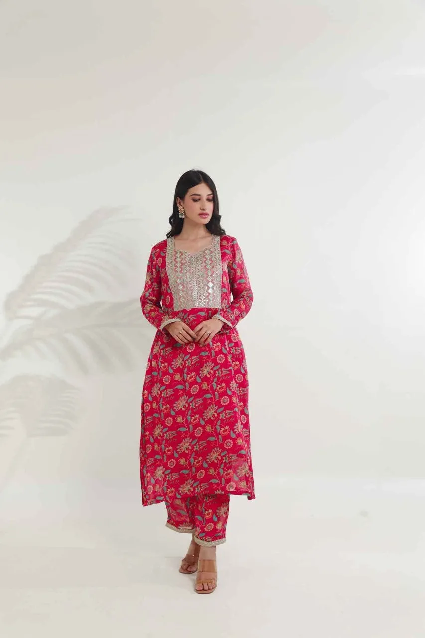 Magenta pink floral digital print viscose chinon kurta set