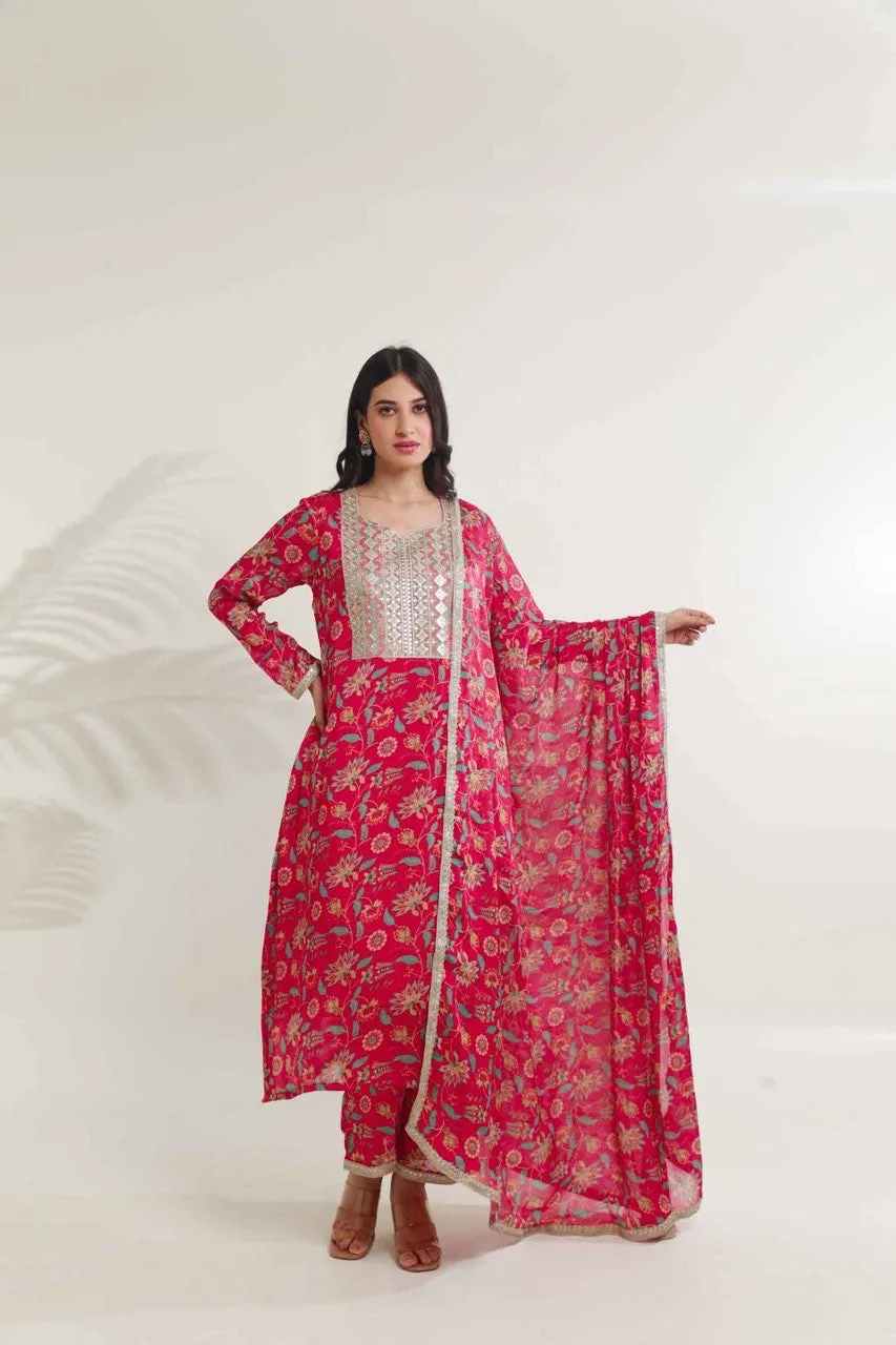 Magenta pink floral digital print viscose chinon kurta set
