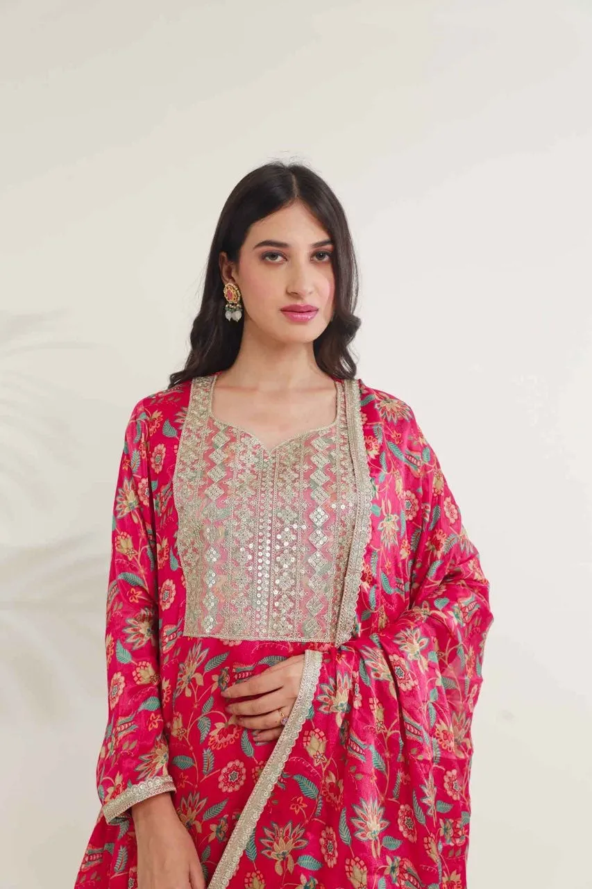Magenta pink floral digital print viscose chinon kurta set