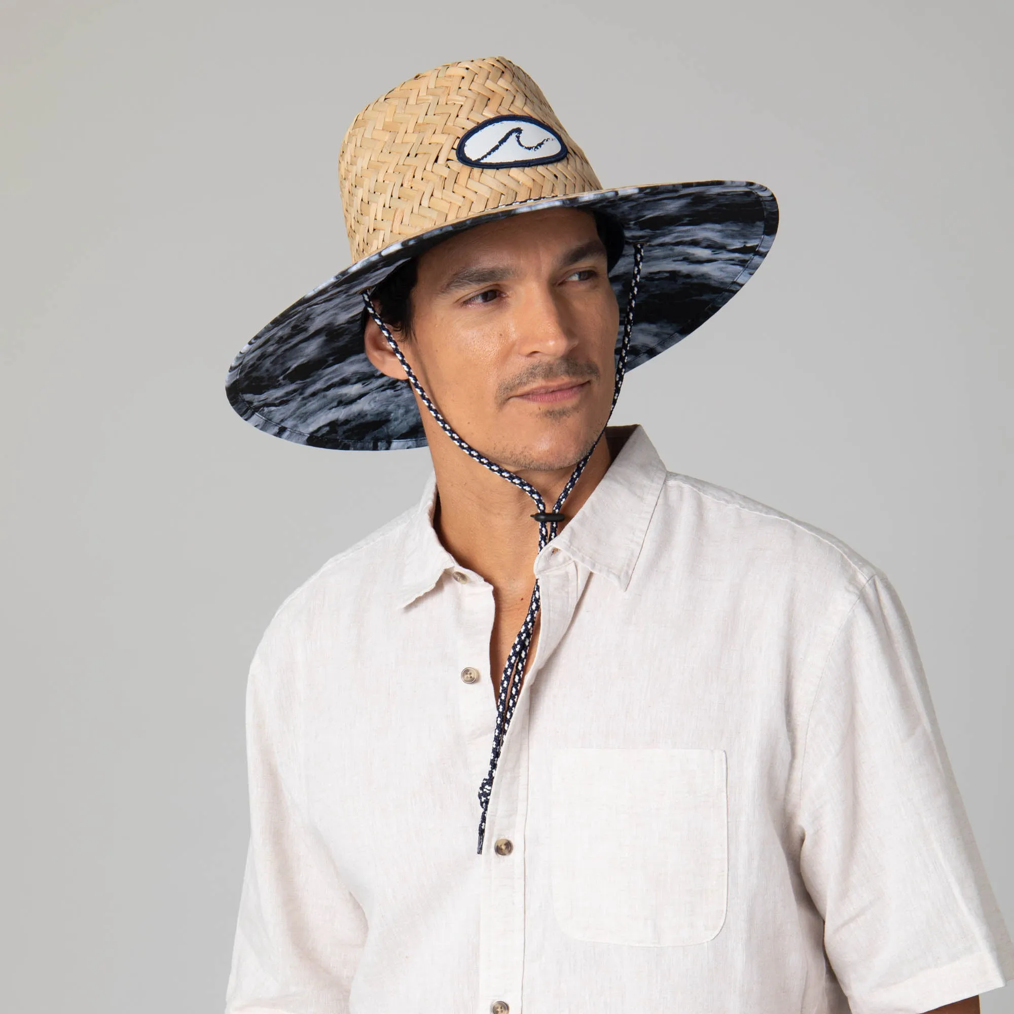 Mens Straw Lifeguard with Ocean Wave Under-brim