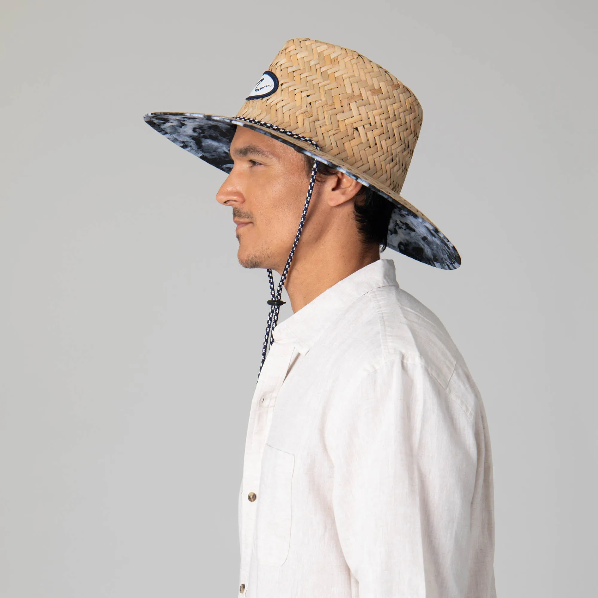 Mens Straw Lifeguard with Ocean Wave Under-brim