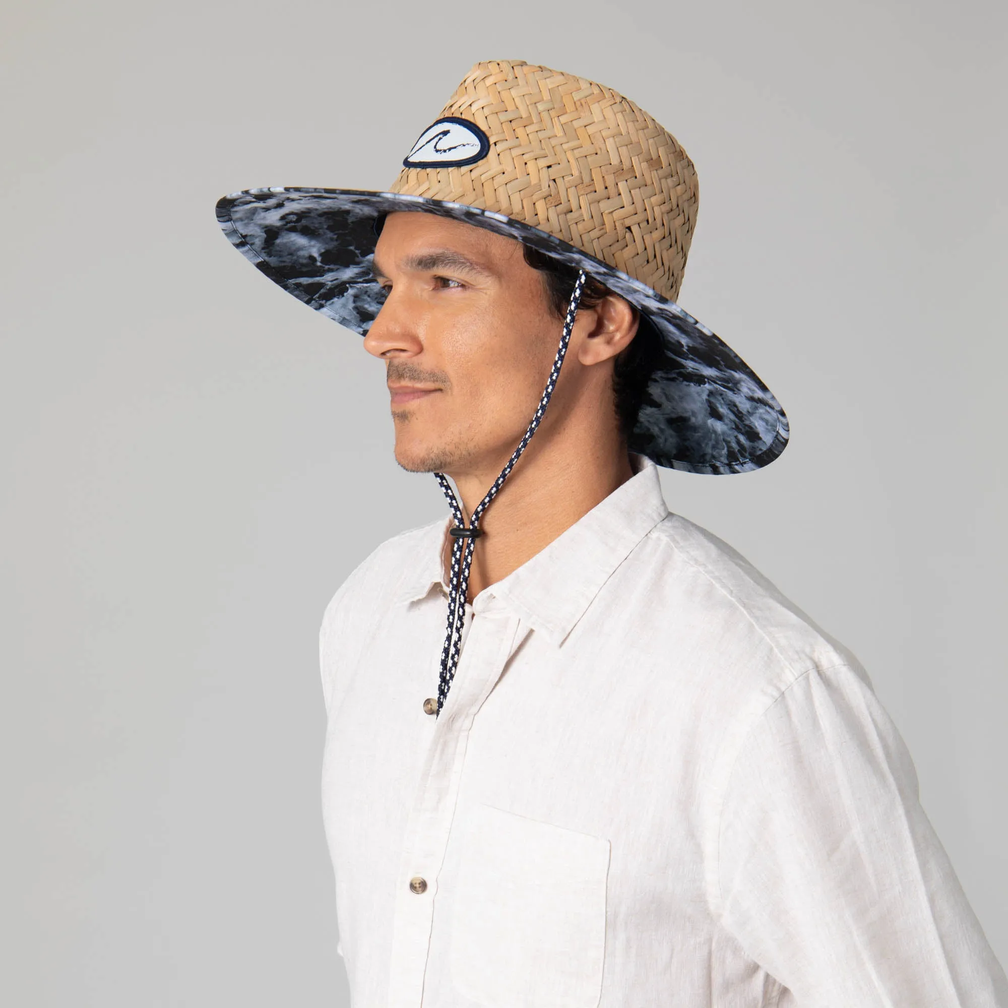 Mens Straw Lifeguard with Ocean Wave Under-brim