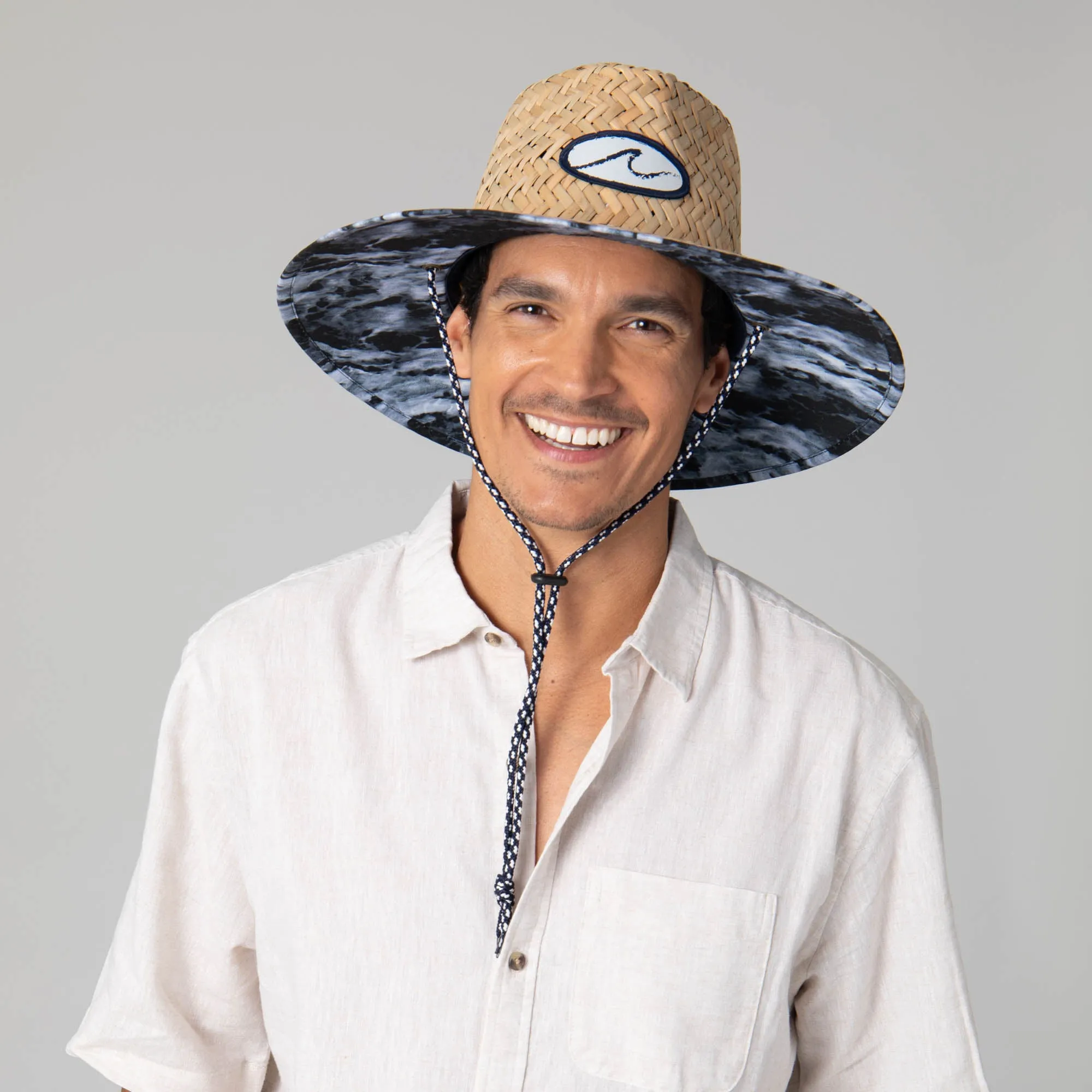 Mens Straw Lifeguard with Ocean Wave Under-brim