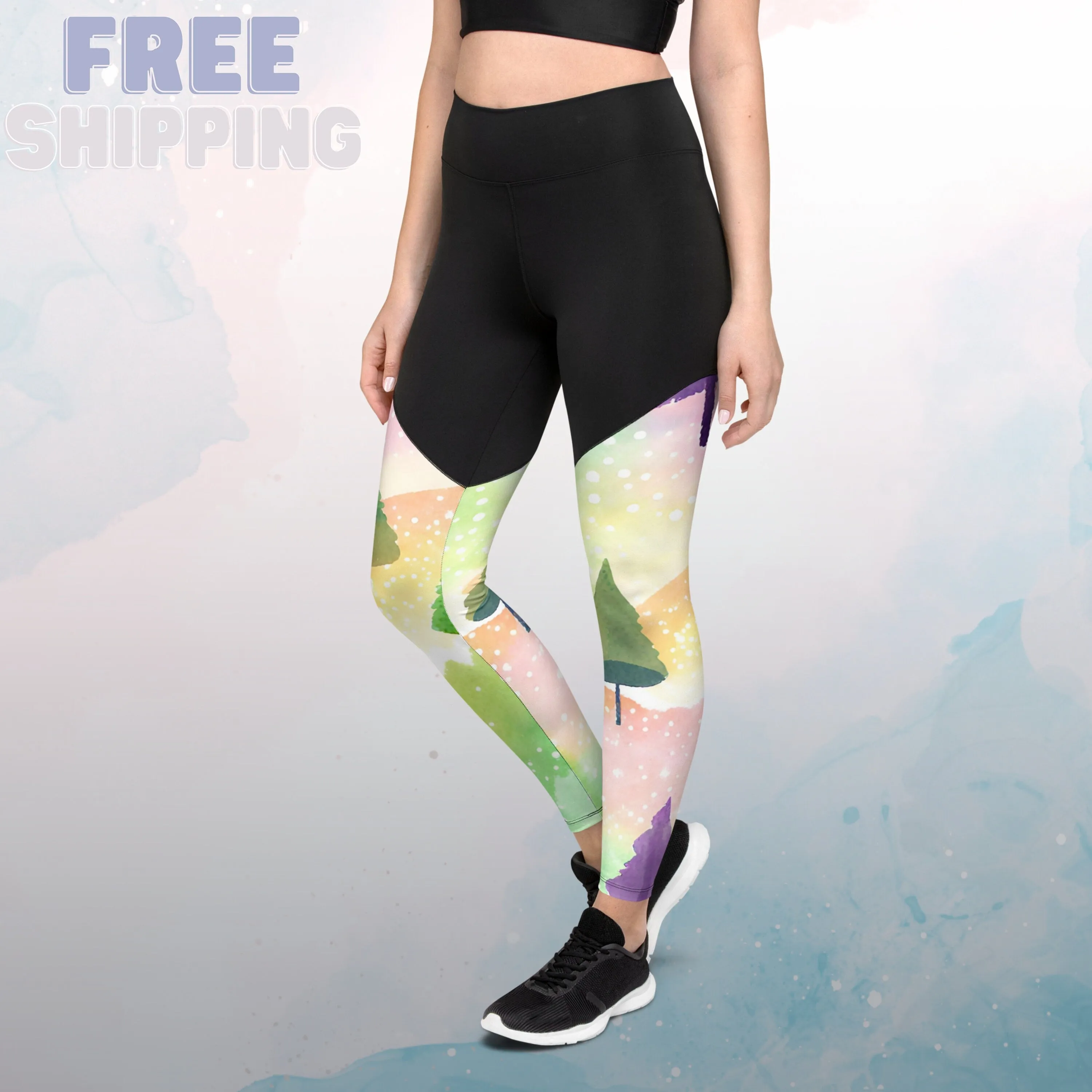 Rainbow and Pine Trees Athletic Compression Sports Leggings