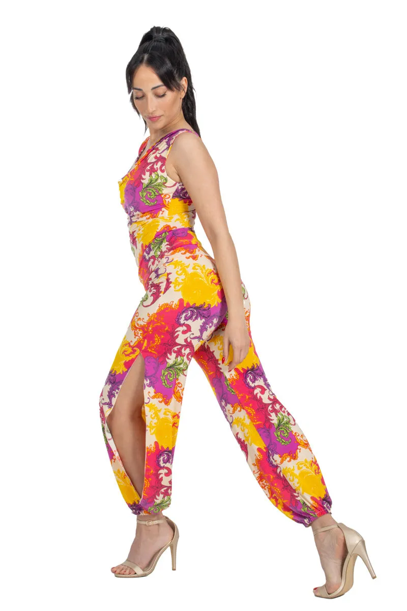 Vibrant Print Gathered Tango Pants With Slits