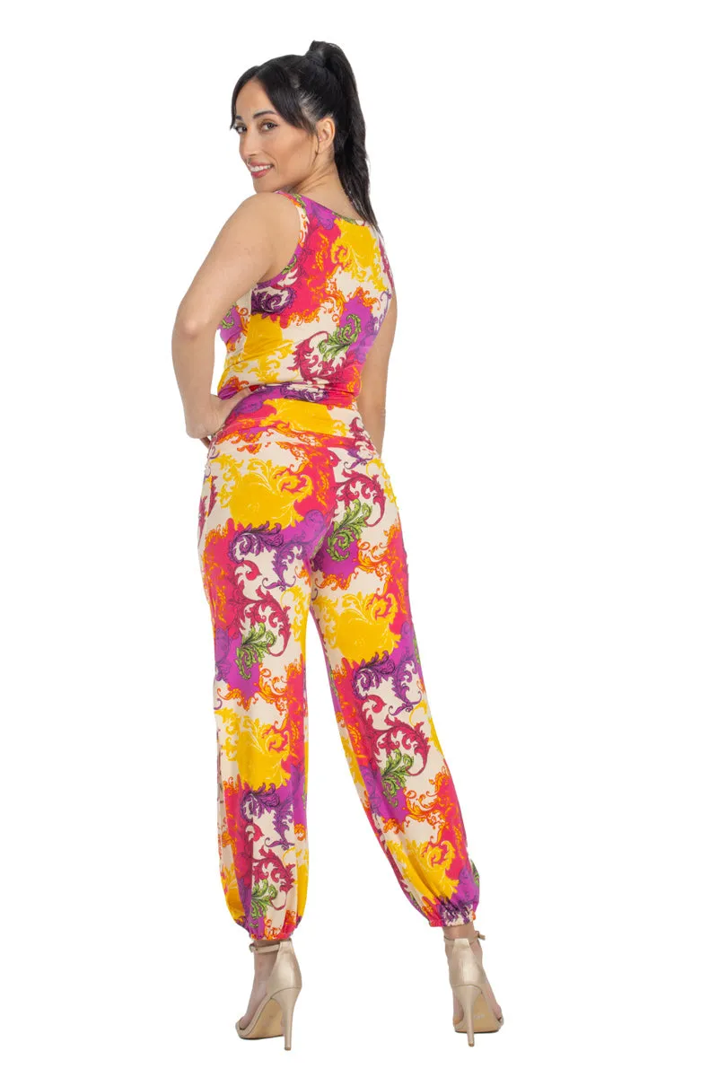 Vibrant Print Gathered Tango Pants With Slits